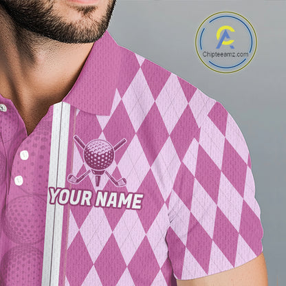 Custom Men Golf Polo Shirt, Argyle Pink Golf Shirt, Personalized Name Team Golf Polo NHT1558