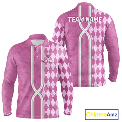 Custom Men Golf Polo Shirt, Argyle Pink Golf Shirt, Personalized Name Team Golf Polo NHT1558