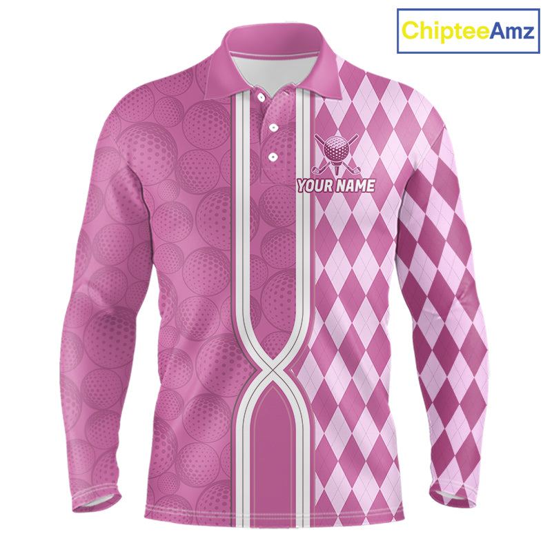 Custom Men Golf Polo Shirt, Argyle Pink Golf Shirt, Personalized Name Team Golf Polo NHT1558