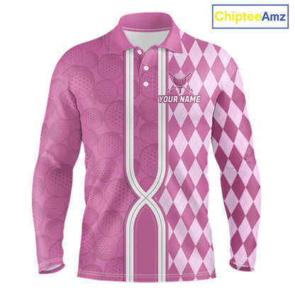 Custom Men Golf Polo Shirt, Argyle Pink Golf Shirt, Personalized Name Team Golf Polo NHT1558