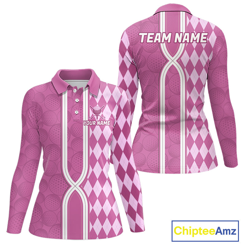 Custom Women Golf Polo Shirt, Argyle Pink Golf Shirt, Personalized Name Team Golf Polo NHT1558