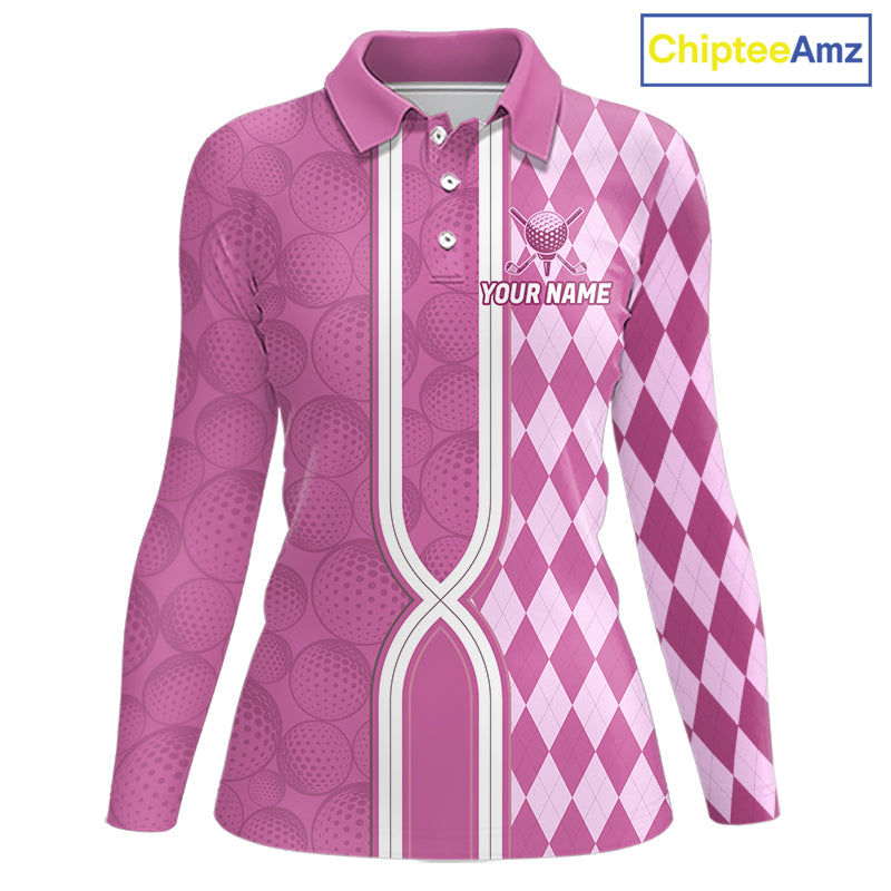 Custom Women Golf Polo Shirt, Argyle Pink Golf Shirt, Personalized Name Team Golf Polo NHT1558