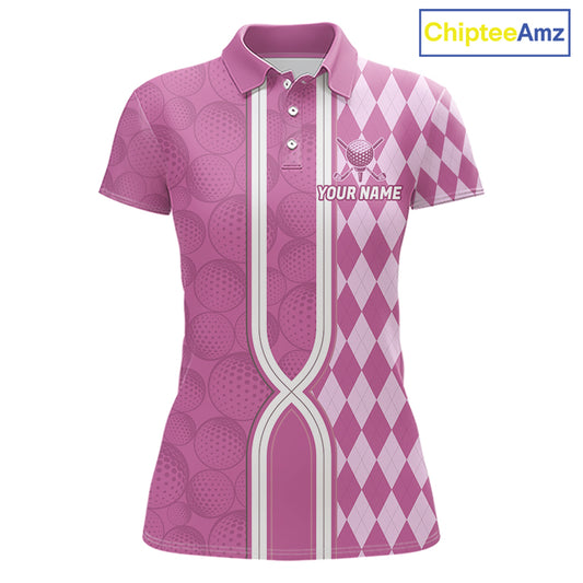 Custom Women Golf Polo Shirt, Argyle Pink Golf Shirt, Personalized Name Team Golf Polo NHT1558