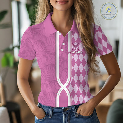 Custom Women Golf Polo Shirt, Argyle Pink Golf Shirt, Personalized Name Team Golf Polo NHT1558