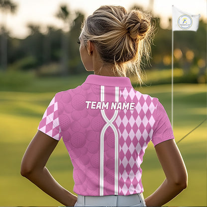 Custom Women Golf Polo Shirt, Argyle Pink Golf Shirt, Personalized Name Team Golf Polo NHT1558