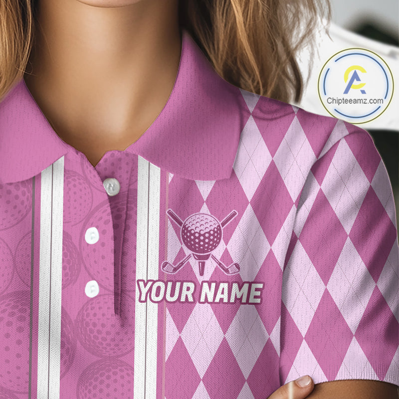 Custom Women Golf Polo Shirt, Argyle Pink Golf Shirt, Personalized Name Team Golf Polo NHT1558