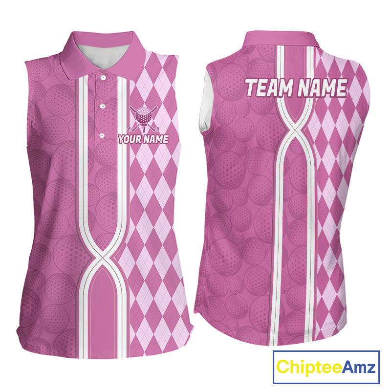 Custom Women Sleeveless Golf Polo Shirt, Argyle Pink Golf Shirt, Personalized Name Team Golf Polo NHT1558