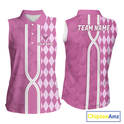 Custom Women Sleeveless Golf Polo Shirt, Argyle Pink Golf Shirt, Personalized Name Team Golf Polo NHT1558
