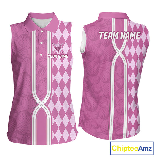 Custom Women Sleeveless Golf Polo Shirt, Argyle Pink Golf Shirt, Personalized Name Team Golf Polo NHT1558