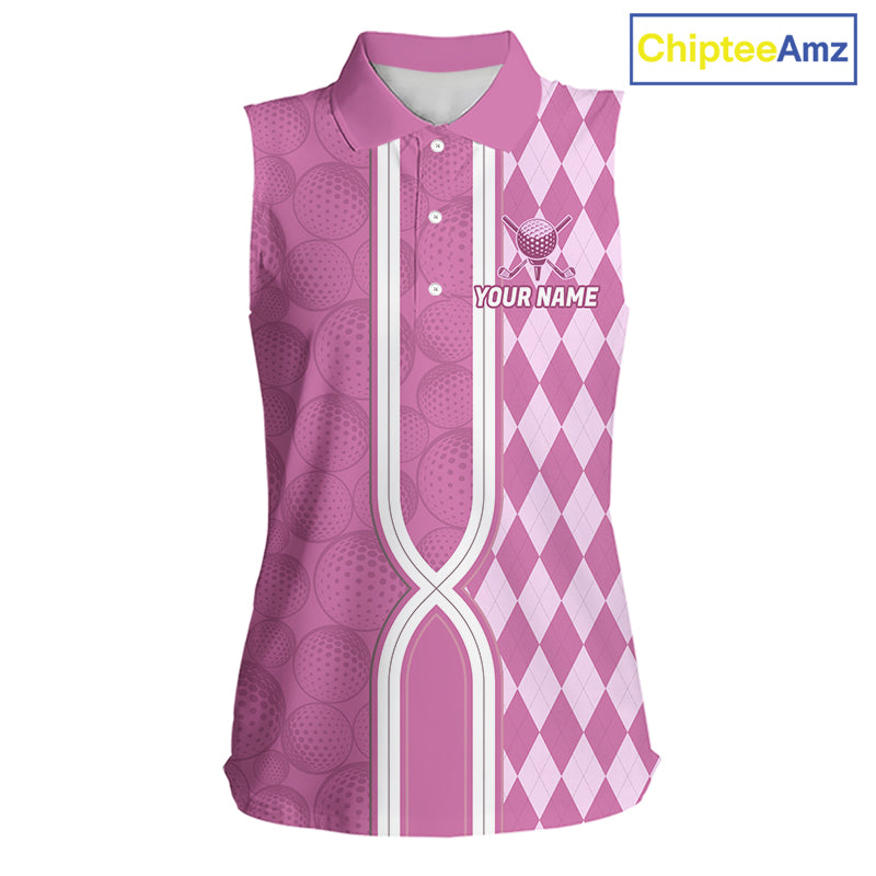 Custom Women Sleeveless Golf Polo Shirt, Argyle Pink Golf Shirt, Personalized Name Team Golf Polo NHT1558