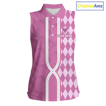 Custom Women Sleeveless Golf Polo Shirt, Argyle Pink Golf Shirt, Personalized Name Team Golf Polo NHT1558