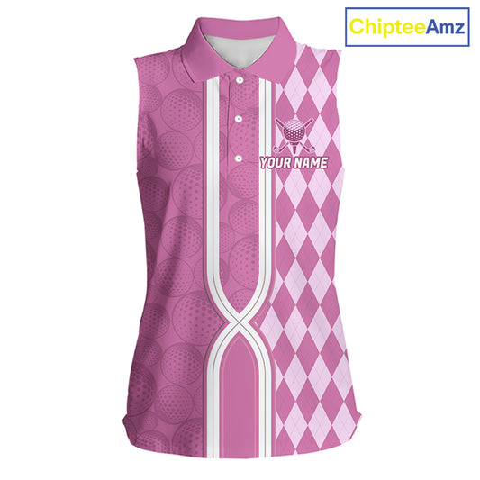 Custom Women Sleeveless Golf Polo Shirt, Argyle Pink Golf Shirt, Personalized Name Team Golf Polo NHT1558