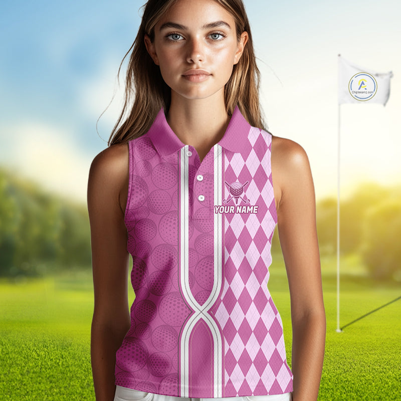 Custom Women Sleeveless Golf Polo Shirt, Argyle Pink Golf Shirt, Personalized Name Team Golf Polo NHT1558