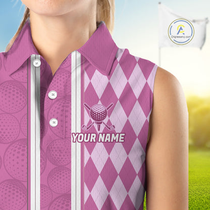 Custom Women Sleeveless Golf Polo Shirt, Argyle Pink Golf Shirt, Personalized Name Team Golf Polo NHT1558