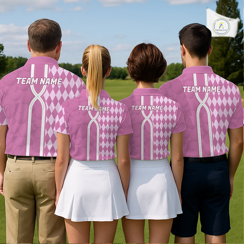 Custom Women Golf Polo Shirt, Argyle Pink Golf Shirt, Personalized Name Team Golf Polo NHT1558
