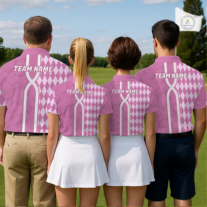 Custom Women Golf Polo Shirt, Argyle Pink Golf Shirt, Personalized Name Team Golf Polo NHT1558