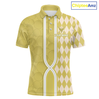 Custom Men Golf Polo Shirt, Argyle Yellow Golf Shirt, Personalized Name Team Golf Polo NHT1559