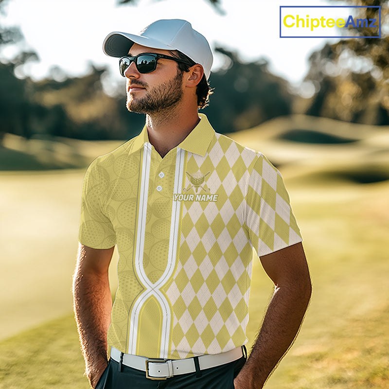 Custom Men Golf Polo Shirt, Argyle Yellow Golf Shirt, Personalized Name Team Golf Polo NHT1559