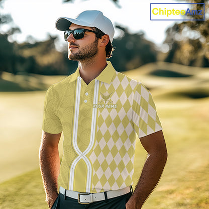 Custom Men Golf Polo Shirt, Argyle Yellow Golf Shirt, Personalized Name Team Golf Polo NHT1559