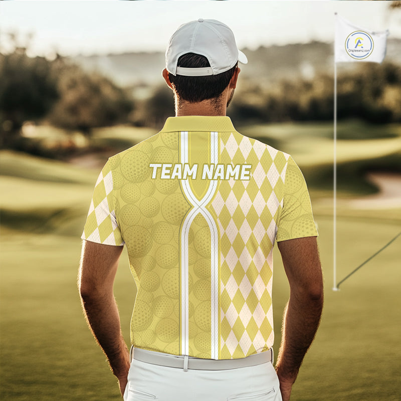 Custom Men Golf Polo Shirt, Argyle Yellow Golf Shirt, Personalized Name Team Golf Polo NHT1559