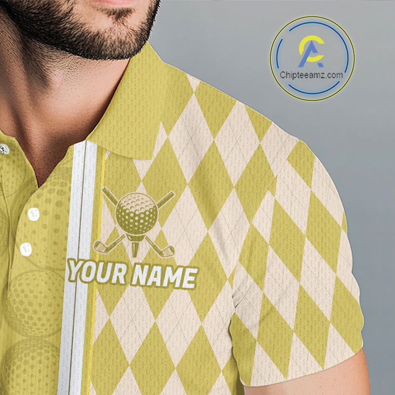 Custom Men Golf Polo Shirt, Argyle Yellow Golf Shirt, Personalized Name Team Golf Polo NHT1559