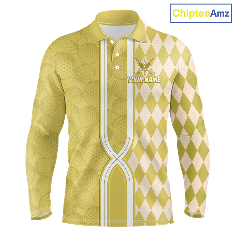 Custom Men Golf Polo Shirt, Argyle Yellow Golf Shirt, Personalized Name Team Golf Polo NHT1559