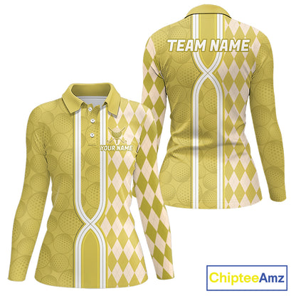 Custom Women Golf Polo Shirt, Argyle Yellow Golf Shirt, Personalized Name Team Golf Polo NHT1559