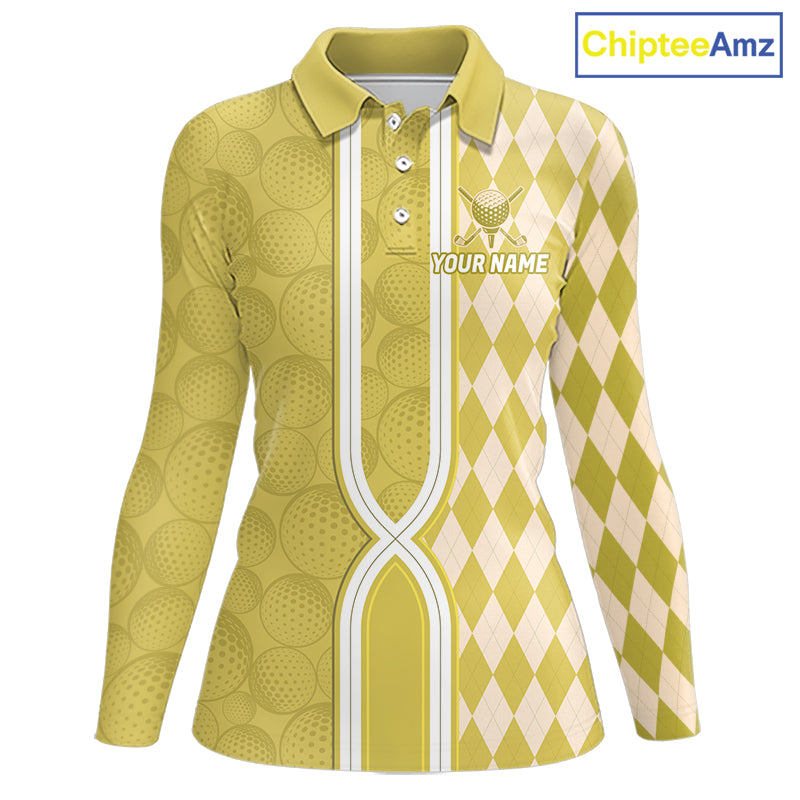 Custom Women Golf Polo Shirt, Argyle Yellow Golf Shirt, Personalized Name Team Golf Polo NHT1559