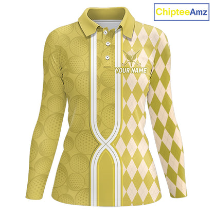 Custom Women Golf Polo Shirt, Argyle Yellow Golf Shirt, Personalized Name Team Golf Polo NHT1559