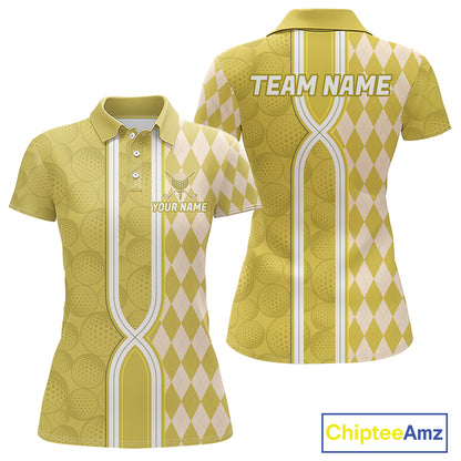 Custom Women Golf Polo Shirt, Argyle Yellow Golf Shirt, Personalized Name Team Golf Polo NHT1559