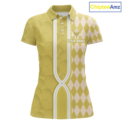 Custom Women Golf Polo Shirt, Argyle Yellow Golf Shirt, Personalized Name Team Golf Polo NHT1559