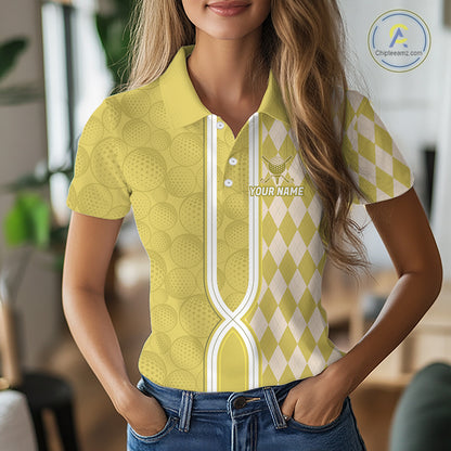 Custom Women Golf Polo Shirt, Argyle Yellow Golf Shirt, Personalized Name Team Golf Polo NHT1559