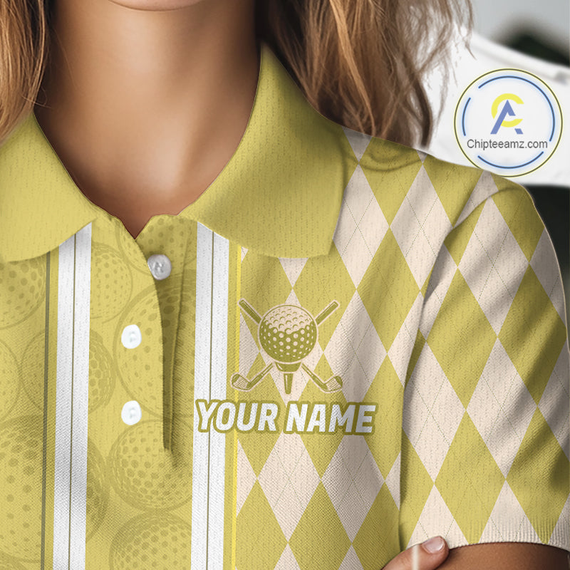Custom Women Golf Polo Shirt, Argyle Yellow Golf Shirt, Personalized Name Team Golf Polo NHT1559