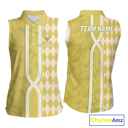 Custom Women Sleeveless Golf Polo Shirt, Argyle Yellow Golf Shirt, Personalized Name Team Golf Polo NHT1559