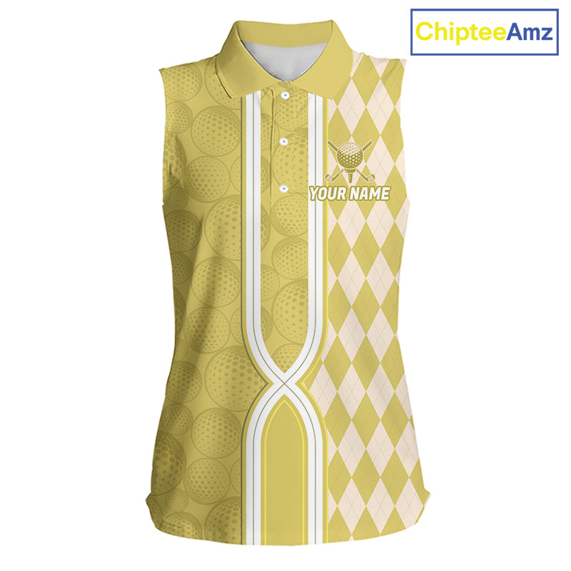 Custom Women Sleeveless Golf Polo Shirt, Argyle Yellow Golf Shirt, Personalized Name Team Golf Polo NHT1559