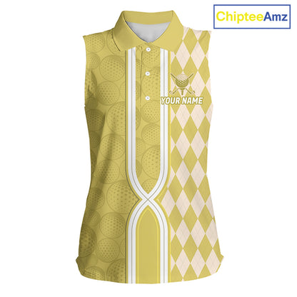 Custom Women Sleeveless Golf Polo Shirt, Argyle Yellow Golf Shirt, Personalized Name Team Golf Polo NHT1559