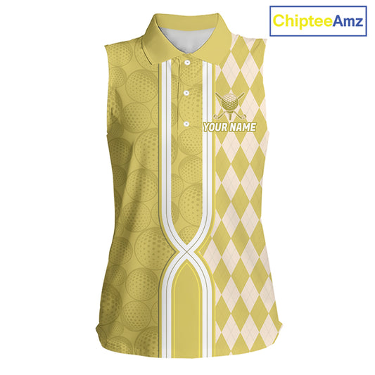 Custom Women Sleeveless Golf Polo Shirt, Argyle Yellow Golf Shirt, Personalized Name Team Golf Polo NHT1559