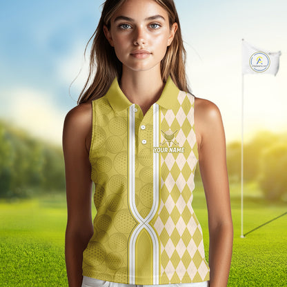 Custom Women Sleeveless Golf Polo Shirt, Argyle Yellow Golf Shirt, Personalized Name Team Golf Polo NHT1559