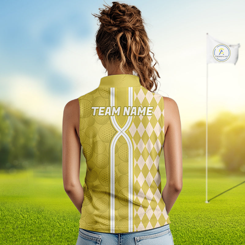 Custom Women Sleeveless Golf Polo Shirt, Argyle Yellow Golf Shirt, Personalized Name Team Golf Polo NHT1559