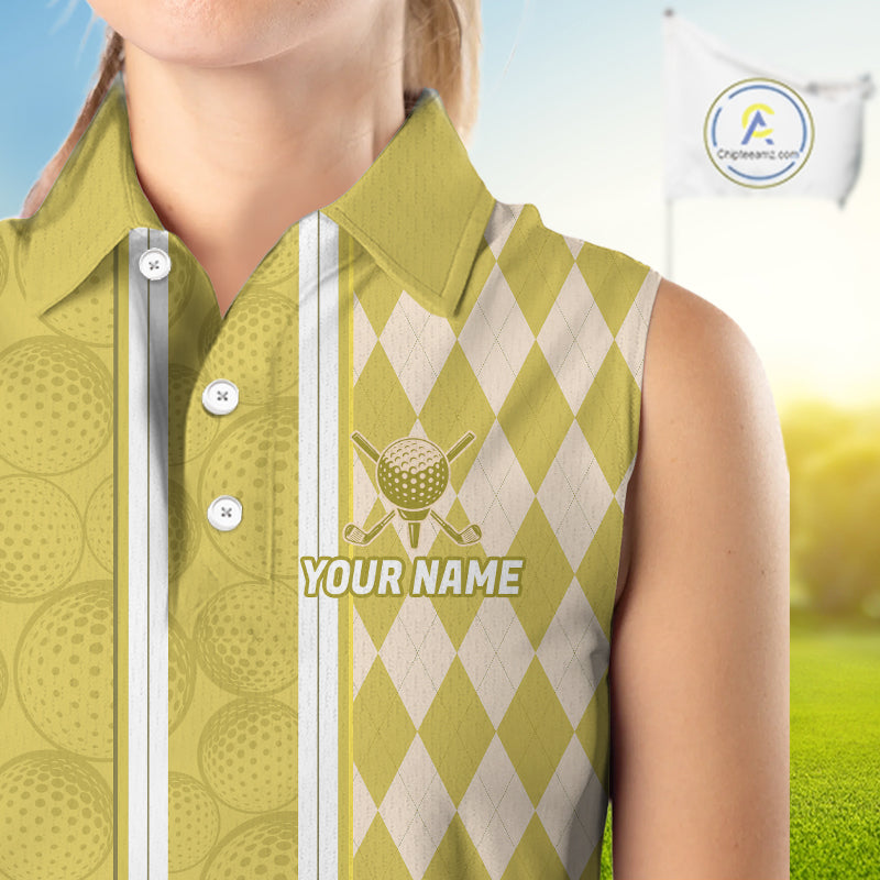 Custom Women Sleeveless Golf Polo Shirt, Argyle Yellow Golf Shirt, Personalized Name Team Golf Polo NHT1559