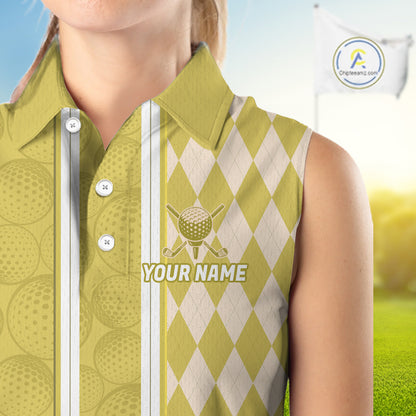 Custom Women Sleeveless Golf Polo Shirt, Argyle Yellow Golf Shirt, Personalized Name Team Golf Polo NHT1559