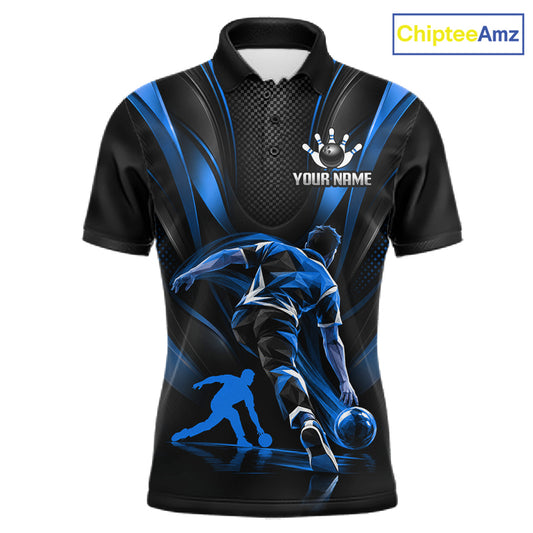 Blue Black Bowling Player Polo Shirt For Men Custom Abstract Sports Team Tournament Jersey NHT1726