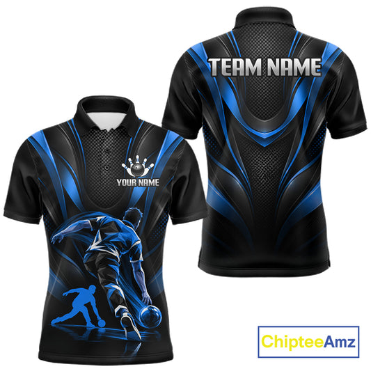 Blue Black Bowling Player Polo Shirt For Men Custom Abstract Sports Team Tournament Jersey NHT1726