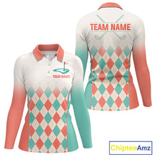 Load image into Gallery viewer, Argyle Pattern Golf Polo Shirts For Womens Custom Name, Golf Pattern Orange Turquoise Shirt Gifts NHT929
