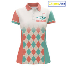 Load image into Gallery viewer, Argyle Pattern Golf Polo Shirts For Womens Custom Name, Golf Pattern Orange Turquoise Shirt Gifts NHT929