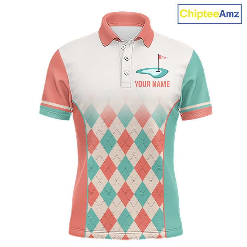Argyle Pattern Golf Polo Shirts For Mens Custom Name, Golf Pattern Orange Turquoise Shirt Gifts NHT929