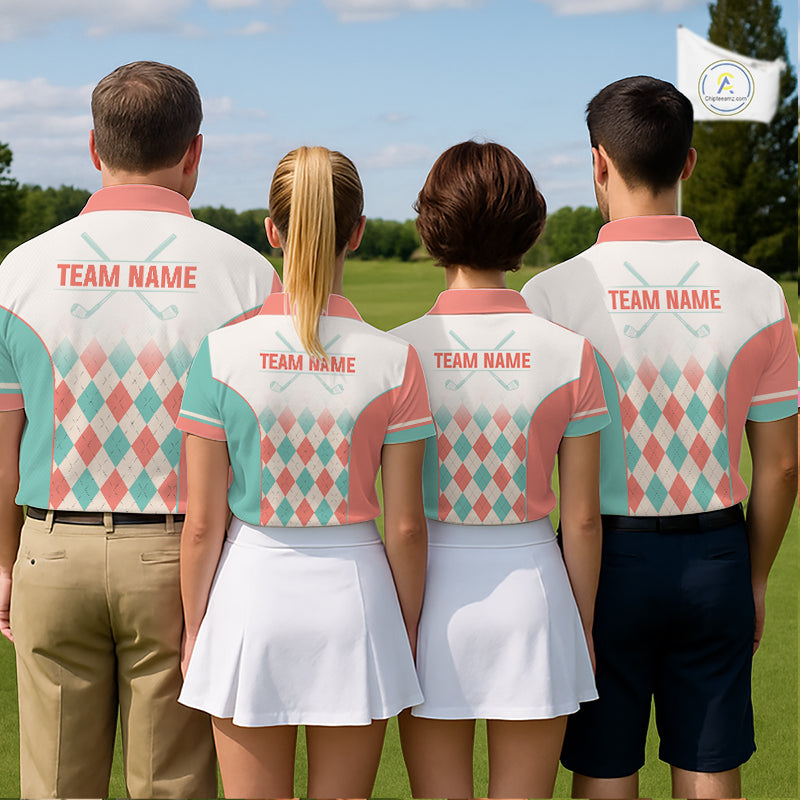 Argyle Pattern Golf Polo Shirts For Womens Custom Name, Golf Pattern Orange Turquoise Shirt Gifts NHT929