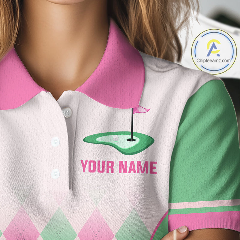 Argyle Pattern Golf Polo Shirts For Womens Custom Name, Golf Pattern Pink Green Shirt Gifts NHT930