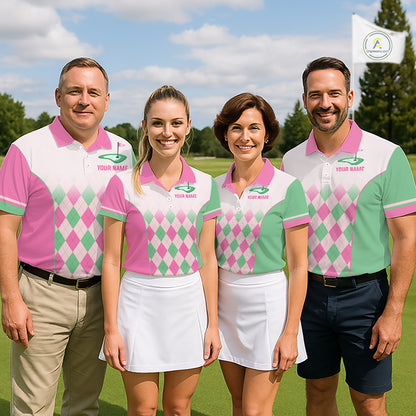 Argyle Pattern Golf Polo Shirts For Mens Custom Name, Golf Pattern Pink Green Shirt Gifts NHT930