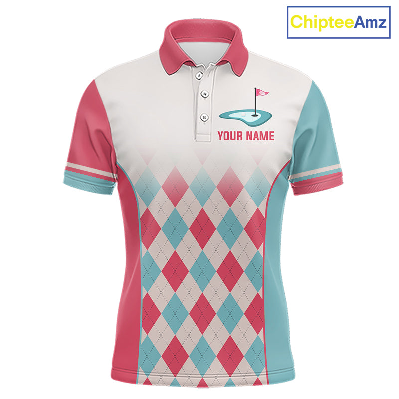 Argyle Pattern Golf Polo Shirts For Mens Custom Name, Golf Pattern Red Blue Shirt Gifts NHT931
